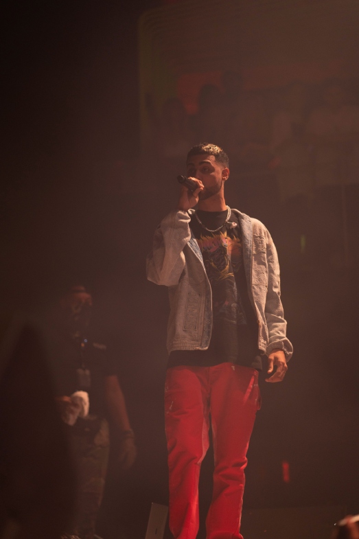 Male artist singing on stage with a microphone wearing a hoodie